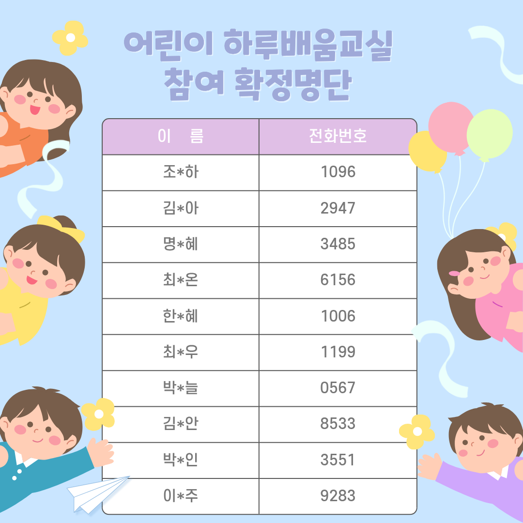 어린이 하루배움교실 확정명단 1