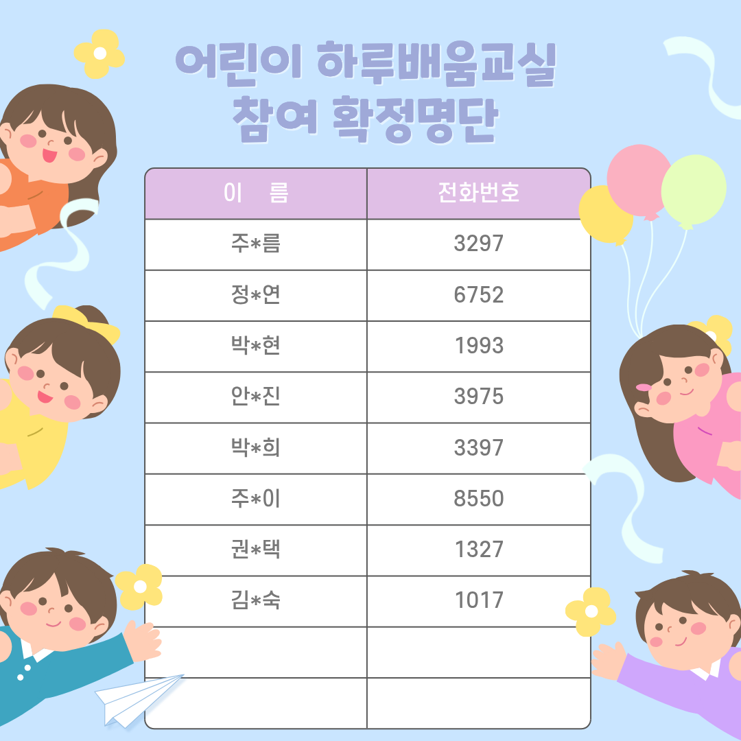 어린이 하루배움교실 확정명단 2