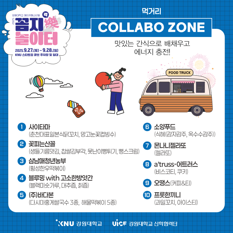 
              강원대학교 메이커페스티벌
              꼼지樂 놀이터
              일시: 2025.9.27.(토) ~ 9.28.(일)
              장소: KNU 스타트업 큐브 주차장 및 일대
              먹거리 COLLABO ZONE
              맛있는 간식으로 배채우고 에너지 충전!
              1. 사이타마 (춘천대표일본식닭꼬치, 망고눈꽃컵빙수)
              2. 꽃피는산꼴 (생들기름맛김, 찹쌀김부각, 못난이뻥튀기, 뻥스크림)
              3. 삼남매청년농부 (횡성한우떡볶이)
              4. 블루밍 with 고소한방앗간 (블랙미숫가루, 대추즙, 칡즙)
              5. 바다본 (다시마홍게쌀국수 3종, 해물떡볶이 5종)
              6. 소양푸드 (식혜-감자감주, 옥수수감주)
              7. 몬나니젤라또 (젤라또)
              8. a'truss-어트러스 (비스코티, 쿠키)
              9. 오땡스 (커피&EI)
              10. 프룻한끼니 (과일꼬치, 아이스티)
              KNU 강원대학교 UiCF 강원대학교 산학협력단
              