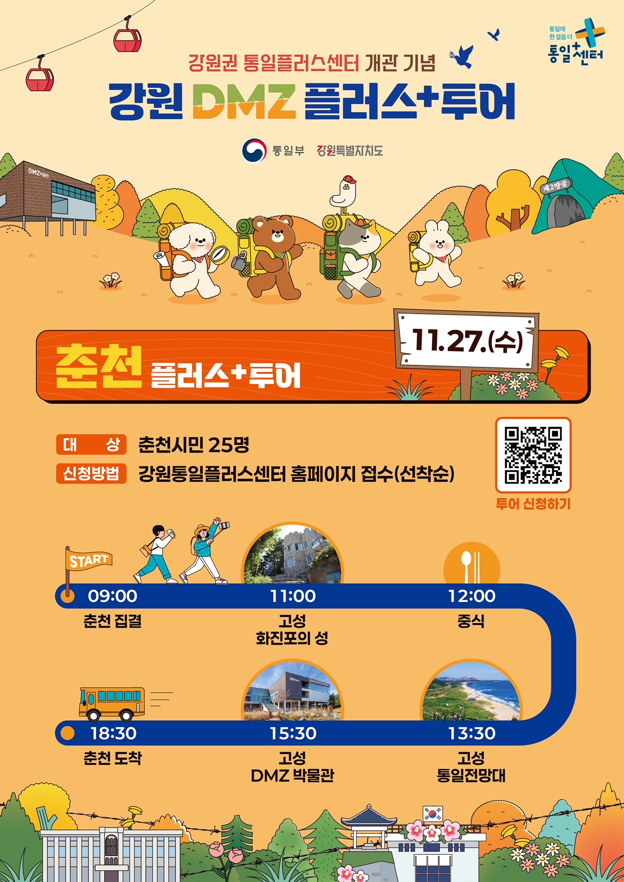 강원 DMZ 플러스+투어 춘천 플러스+투어 안내. 일정: 2024년 11월 27일(수). 대상: 춘천시민 25명. 신청방법: 강원통일플러스센터 홈페이지 접수(선착순). 주요 일정: 오전 9시 춘천 집결, 오전 11시 고성 화진포의 성 방문, 정오 중식, 오후 1시 30분 고성 통일전망대 관람, 오후 3시 30분 고성 DMZ 박물관 탐방, 오후 6시 30분 춘천 도착. QR코드를 통해 투어 신청 가능하며, 상세 정보는 강원통일플러스센터에서 확인 가능합니다.