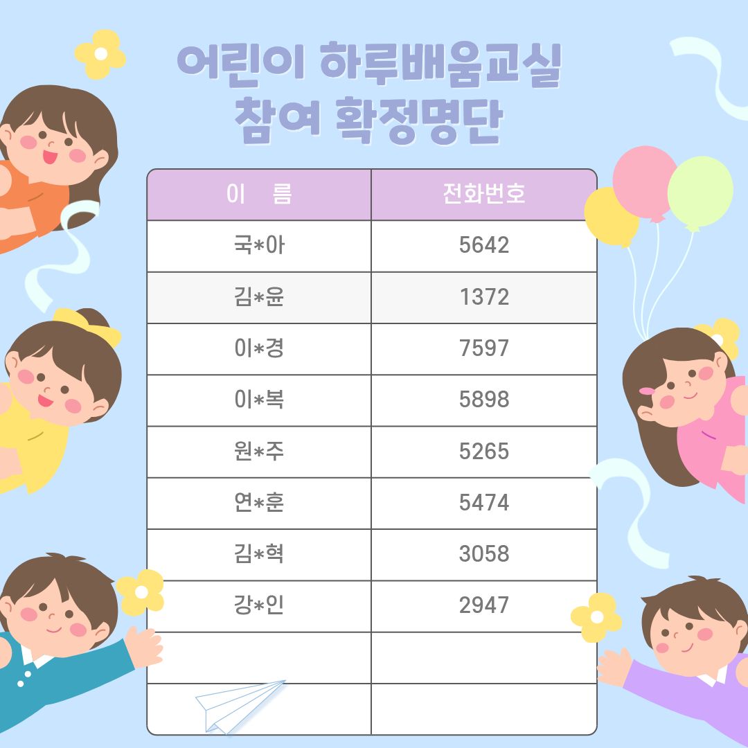 어린이 하루배움교실 확정명단 1