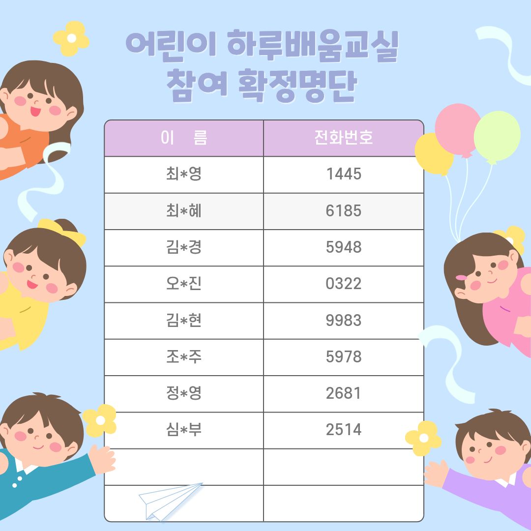 어린이 하루배움교실 확정명단 2